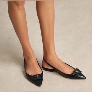 Saint Laurent Women's Anais Pointed Toe Logo Bow Slingback Flat Pumps NEW